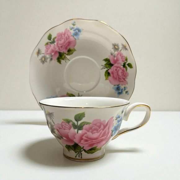 Grace's Teaware Pink Rose Blue Floral Tea Cup & Saucer Gold Trim Scalloped Edge - Picture 1 of 10